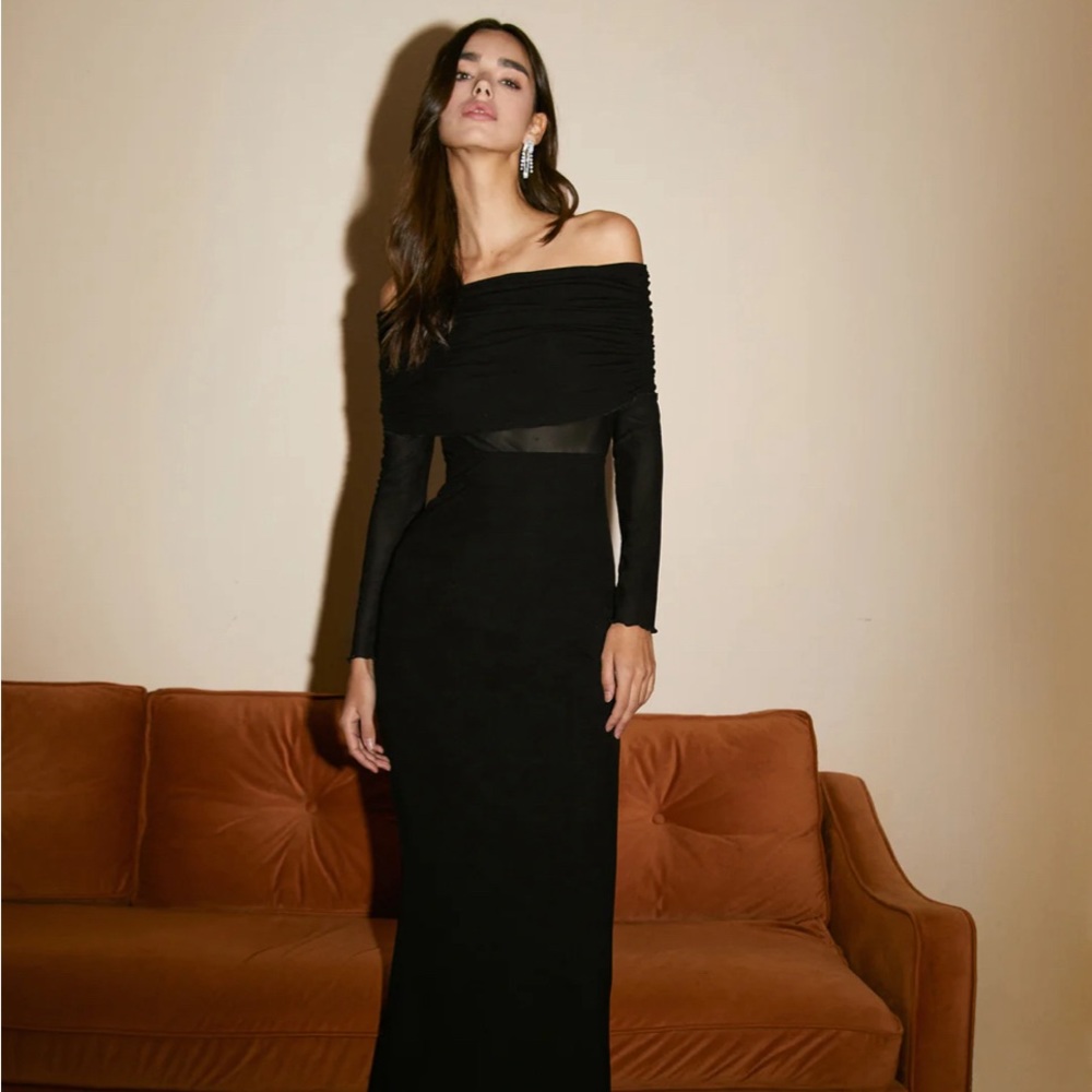 Commense overfold off shoulder mesh long dress sz S